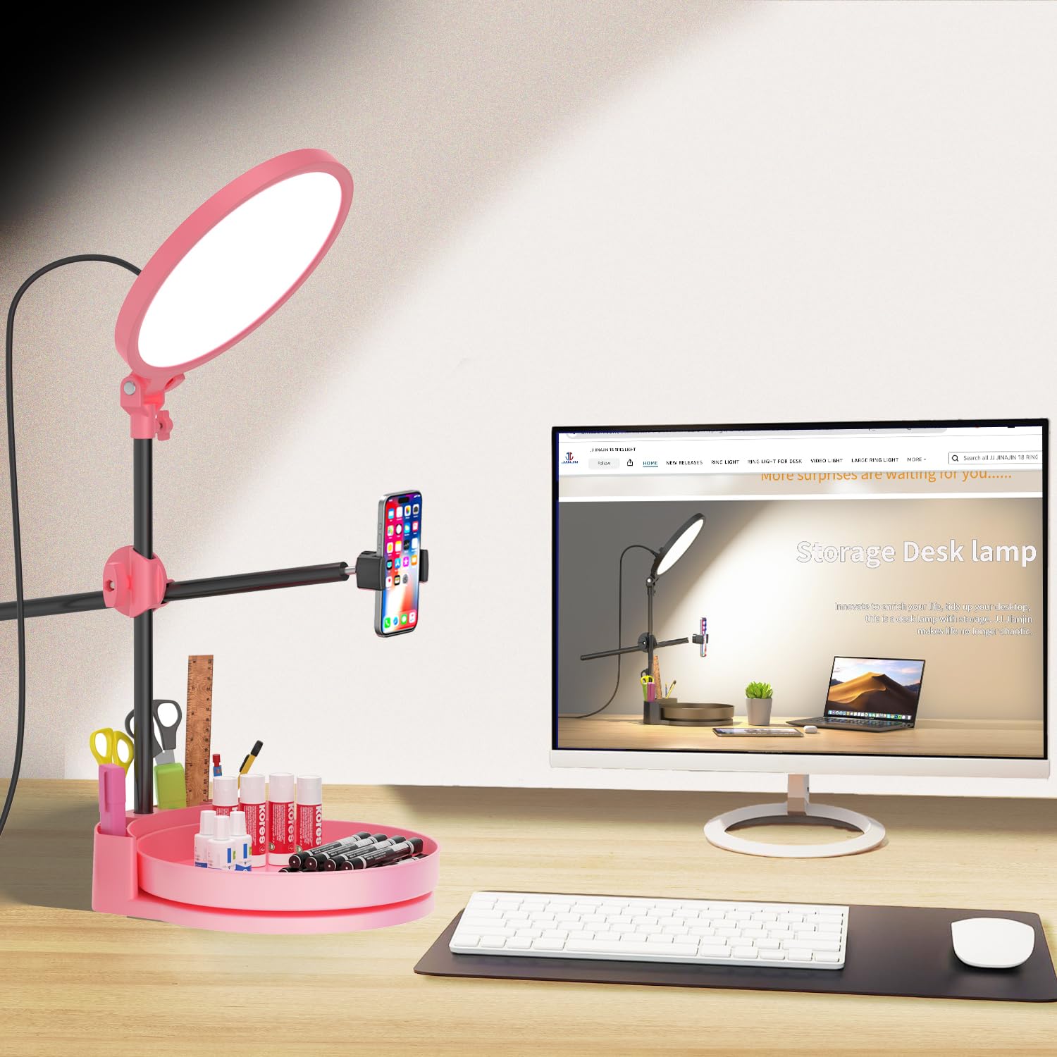Kit de luz para selfie para escritorio y portátil, anillo de luz regulable de 55 W para pantalla completa, con caja de almacenamiento giratoria, soporte para bolígrafo, soporte para teléfono y