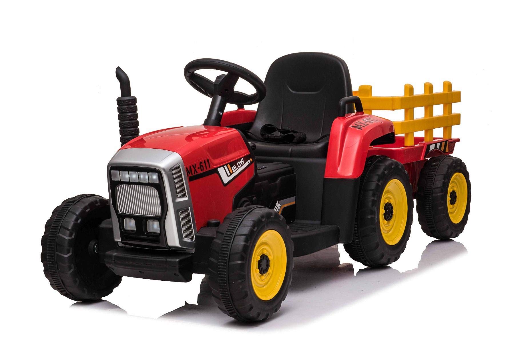 Traktor elektryczny Workers z przyczepą, czerwony, napęd na tylne koła, bateria 12 V, kółka, szerokie siedzisko, pilot zdalnego sterowania 2,4 GHz, odtwarzacz MP3 z Bluetooth i wejściem SD, diody LED