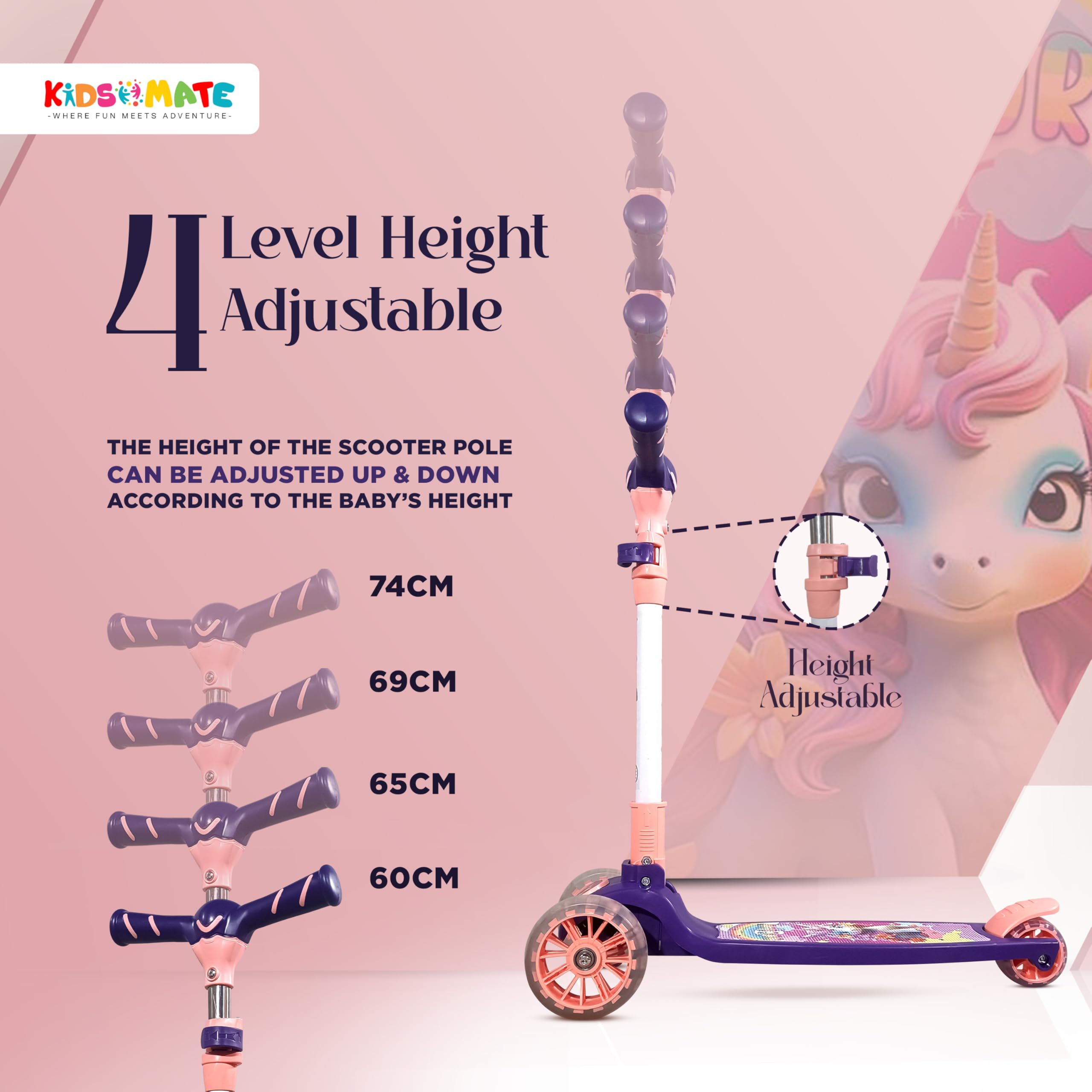 Kidsmate Spartan Kick Scooter with Broad PU LED Wheels | 3-Wheel Skating Scooter for Boys & Girls of Ages 2-12 Years | Level Adjustable Height, and Easy Fold Design (Pink-Purple) 1