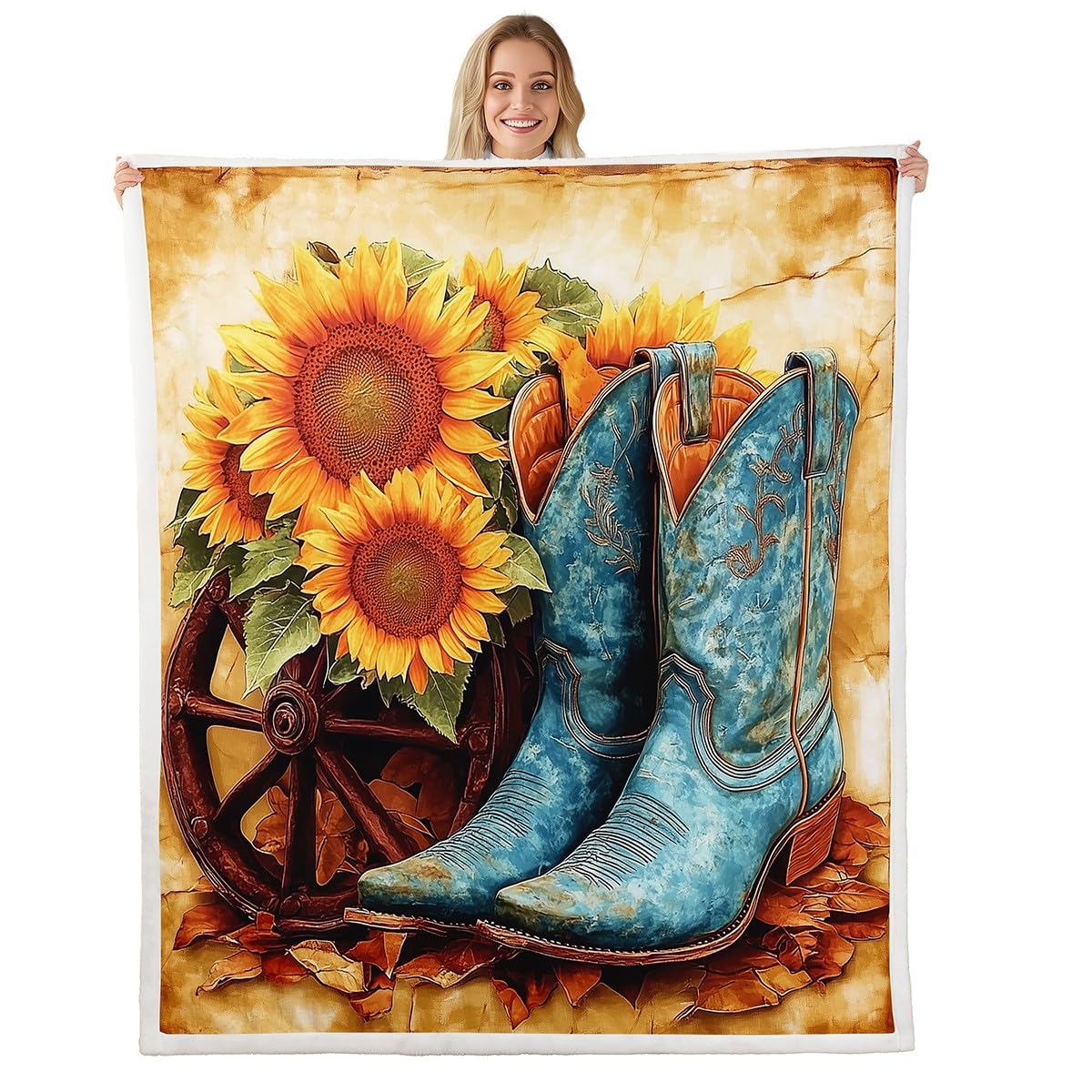 Manfei Cowboy Kids Throw Blanket Boots Wagon Wheel Flower Fuzzy Blanket for Boys Girls Adults, Sunflower Western Blanket for Bed Couch Sofa, Soft and Breathable Fleece Blanket(50 x 60 Inches)