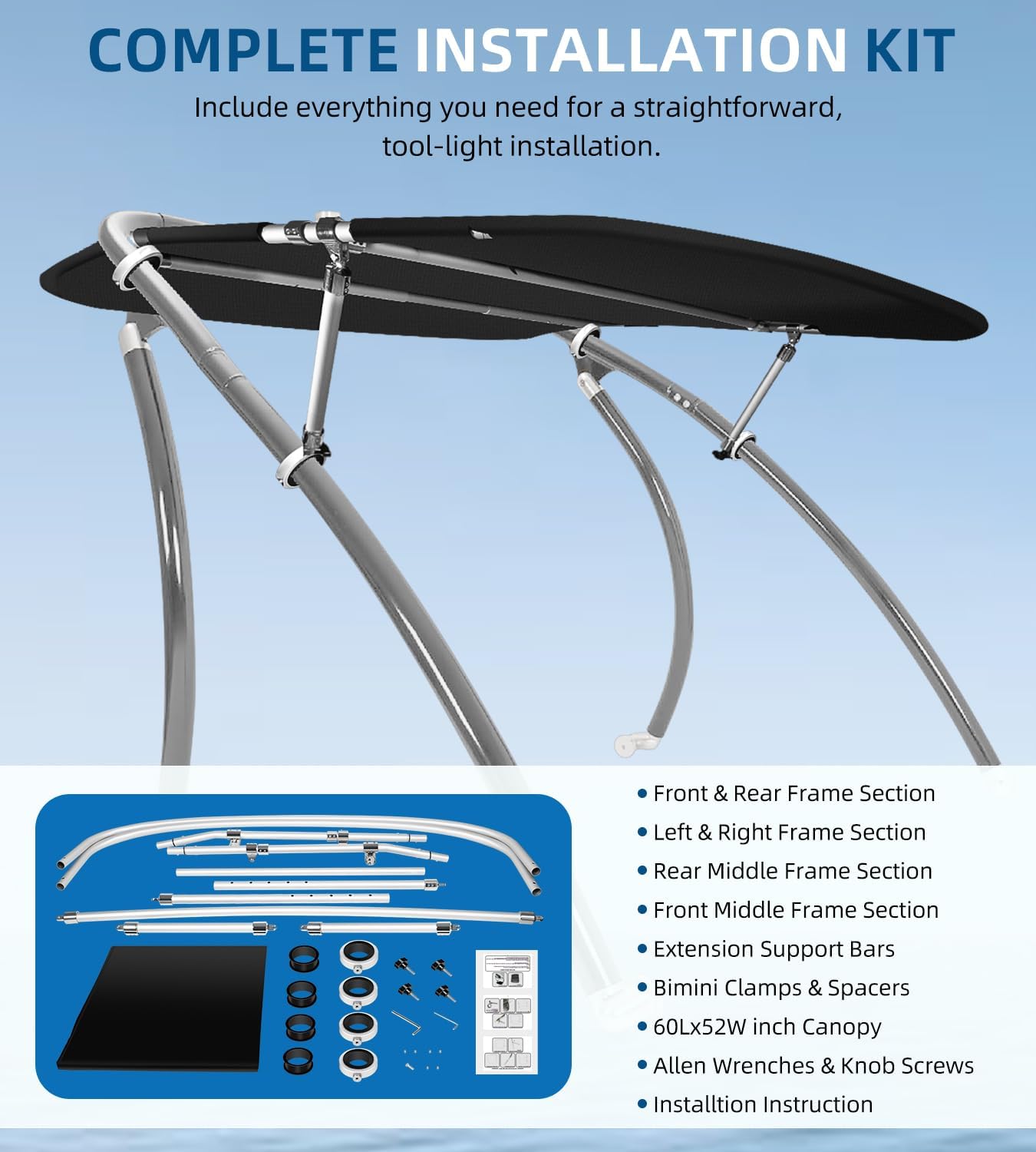 Universal Wakeboard Tower Boat Bimini Top, 600D Bimini Top Canvas with 1" Aluminum Alloy Frame & Clamps for Most 2-2.5” Tube Wake Towers on Bass Boats, Jon Boats, Pontoons & More, 60" L x 52” W