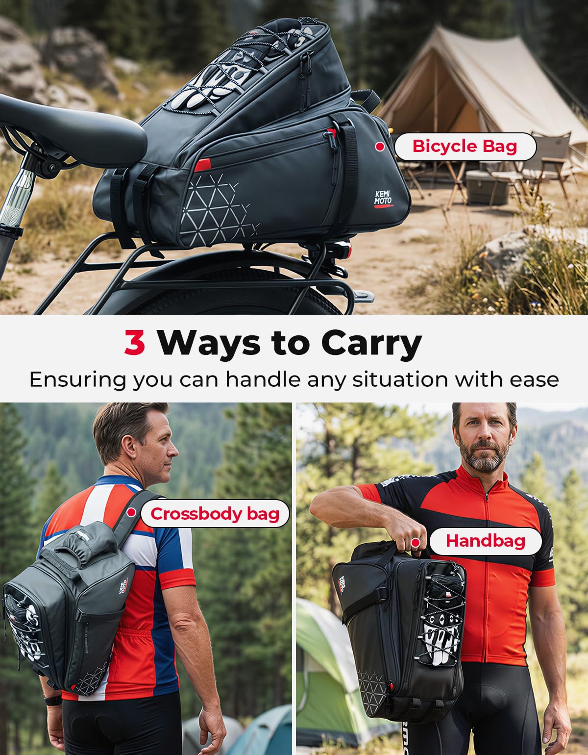 KEMIMOTO Borsa Bici Posteriore 3 in 1, 15L Borsa per Bicicletta Posteriori Impermeabile con Copertura Anti-Pioggia, Borse per Bici con Tracolla e Maniglia per Strada Bike Mountain Bike