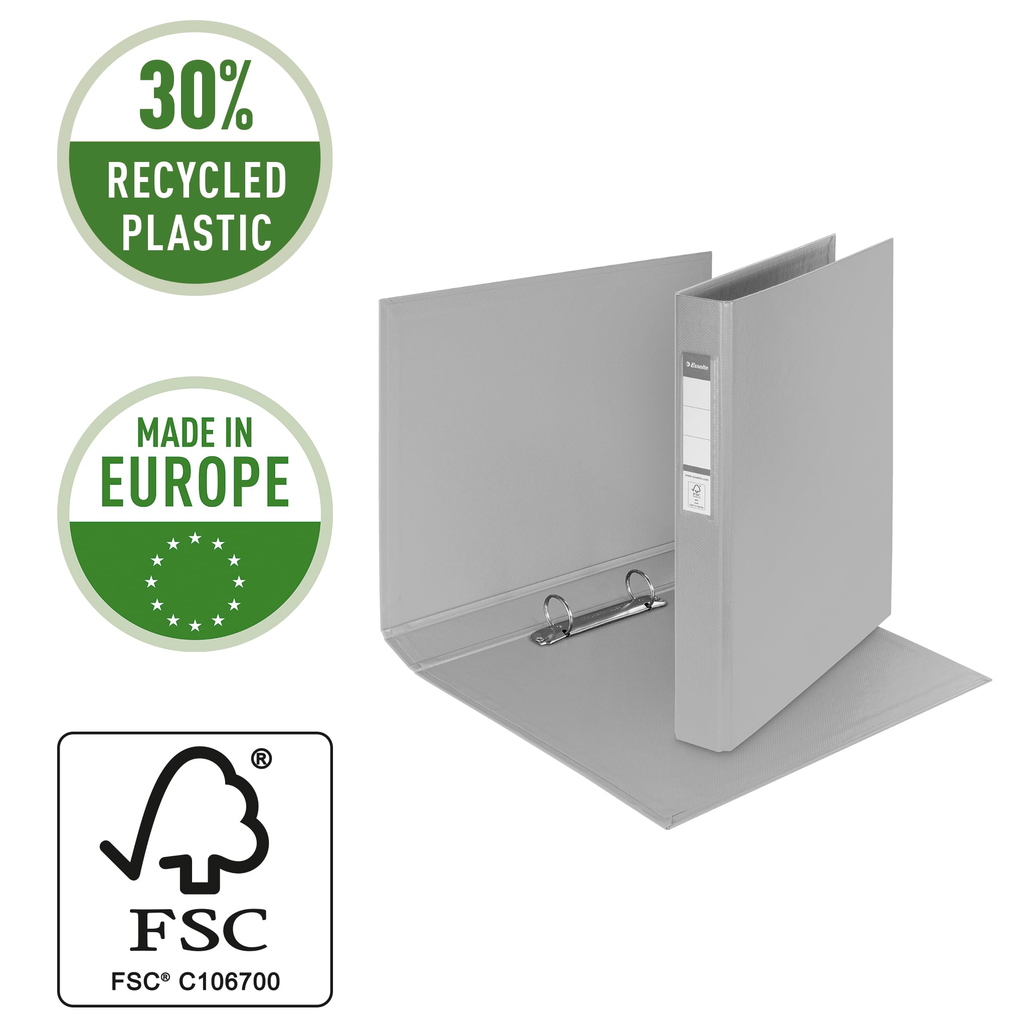 Esselte Confezione da 10 raccoglitori a 2 anelli, capacità 190 fogli, dorso 42 mm, formato A4, copertina rigida in plastica, per organizzare la scrivania di casa/ufficio, serie Vivida, nero, bianco,