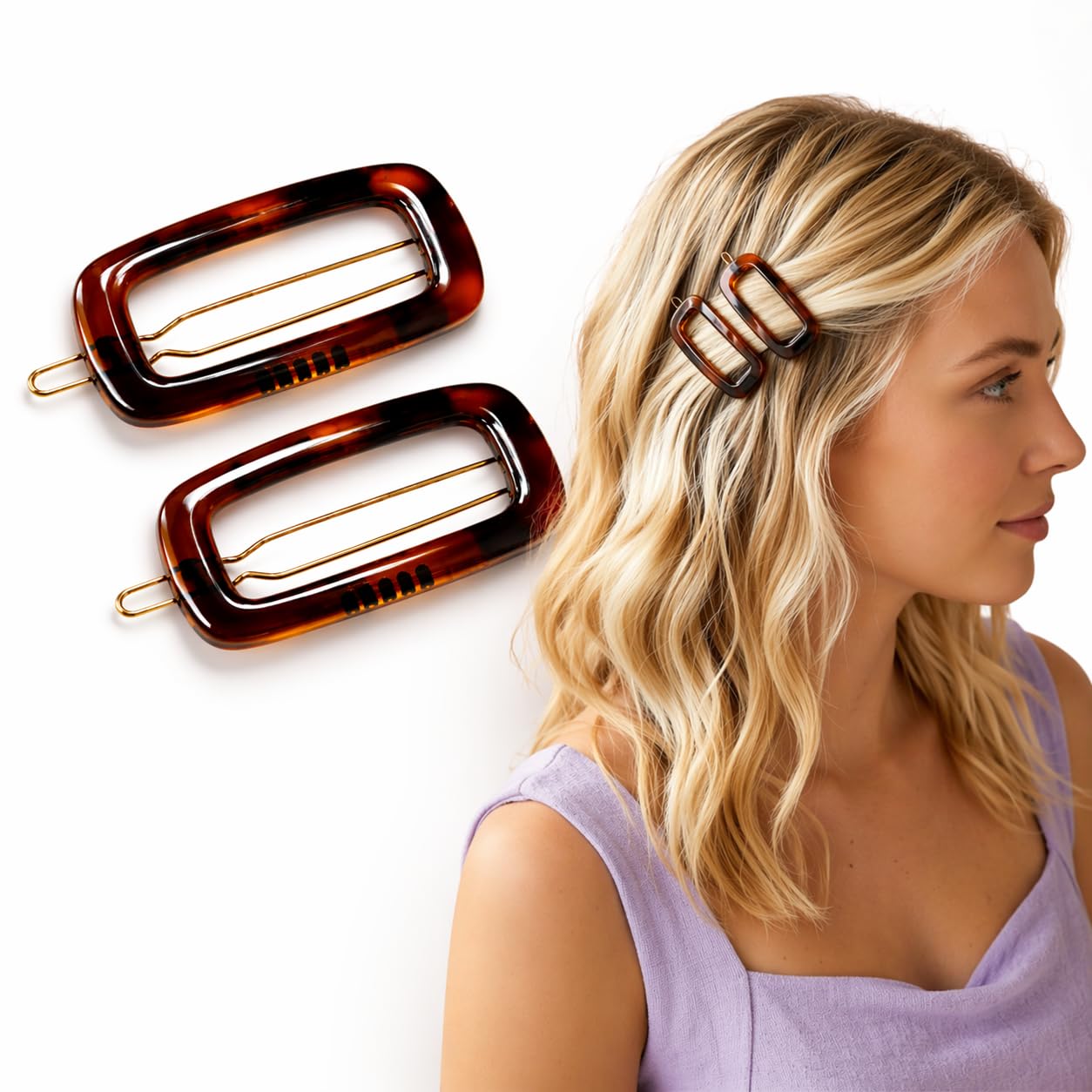 Parcelona Rectangle Cutout Small Hair Barrettes for Women and Girls 1.75 Inch Cellulose Acetate Tortoise Shell Clips with Tige Boule Clasp for All Hair Types