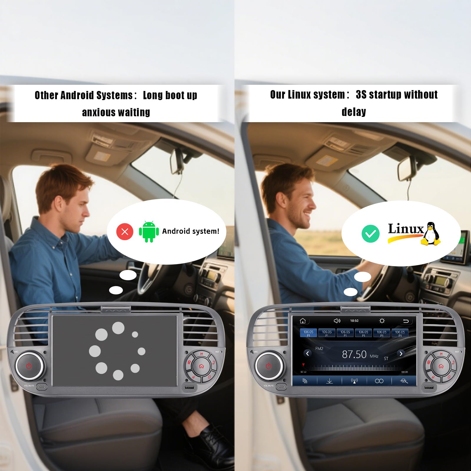 Autoradio per FIAT 500 radio con schermo touchscreen USB Bluetooth FM/AM Linux Sistema doppio din stereo auto con Carplay wireless/Android Auto (Black)
