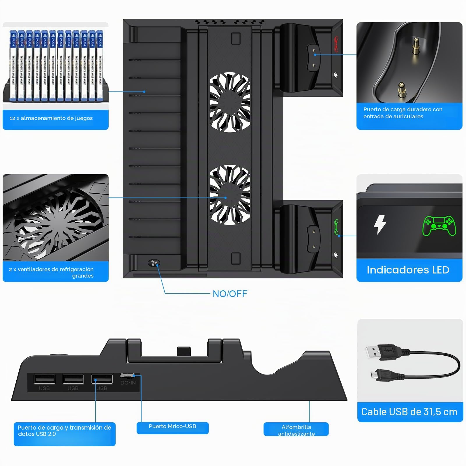 ASUNCELL Soporte vertical para PS4, con ventilador y estación de carga para PS4 Pro/Slim, incluye 12 juegos