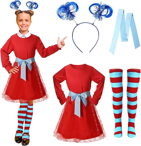 Disfraz de rayas rojas y azules para niñas, vestido sólido de manga larga con calentador de cinturón, calcetines altos hasta la rodilla a rayas