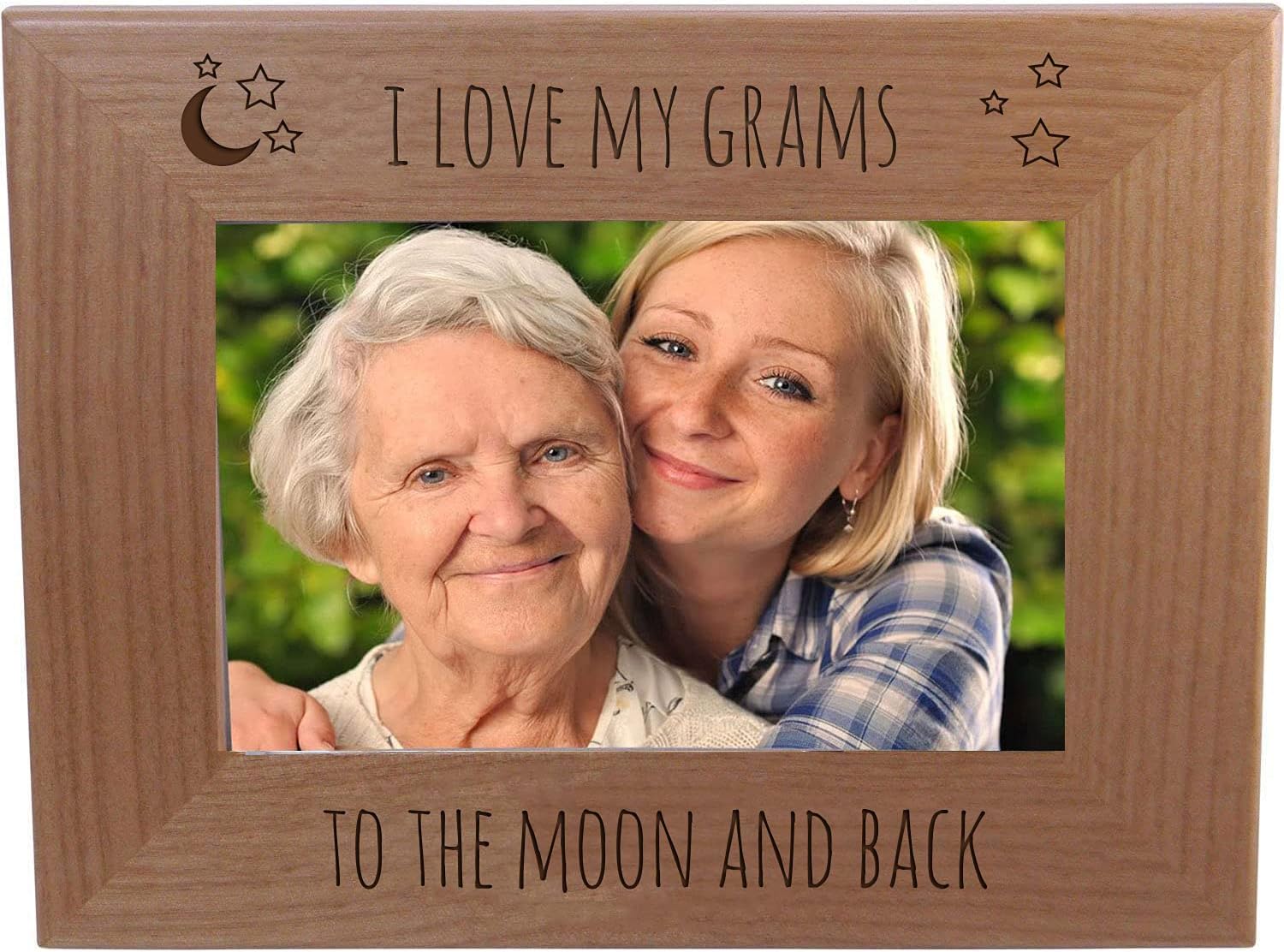 CustomGiftsNow I Love My Grams to The Moon and Back - Engraved Natural Alder Wood Hanging/Tabletop Picture Memory Family Memorial Photo Real Wooden Frame