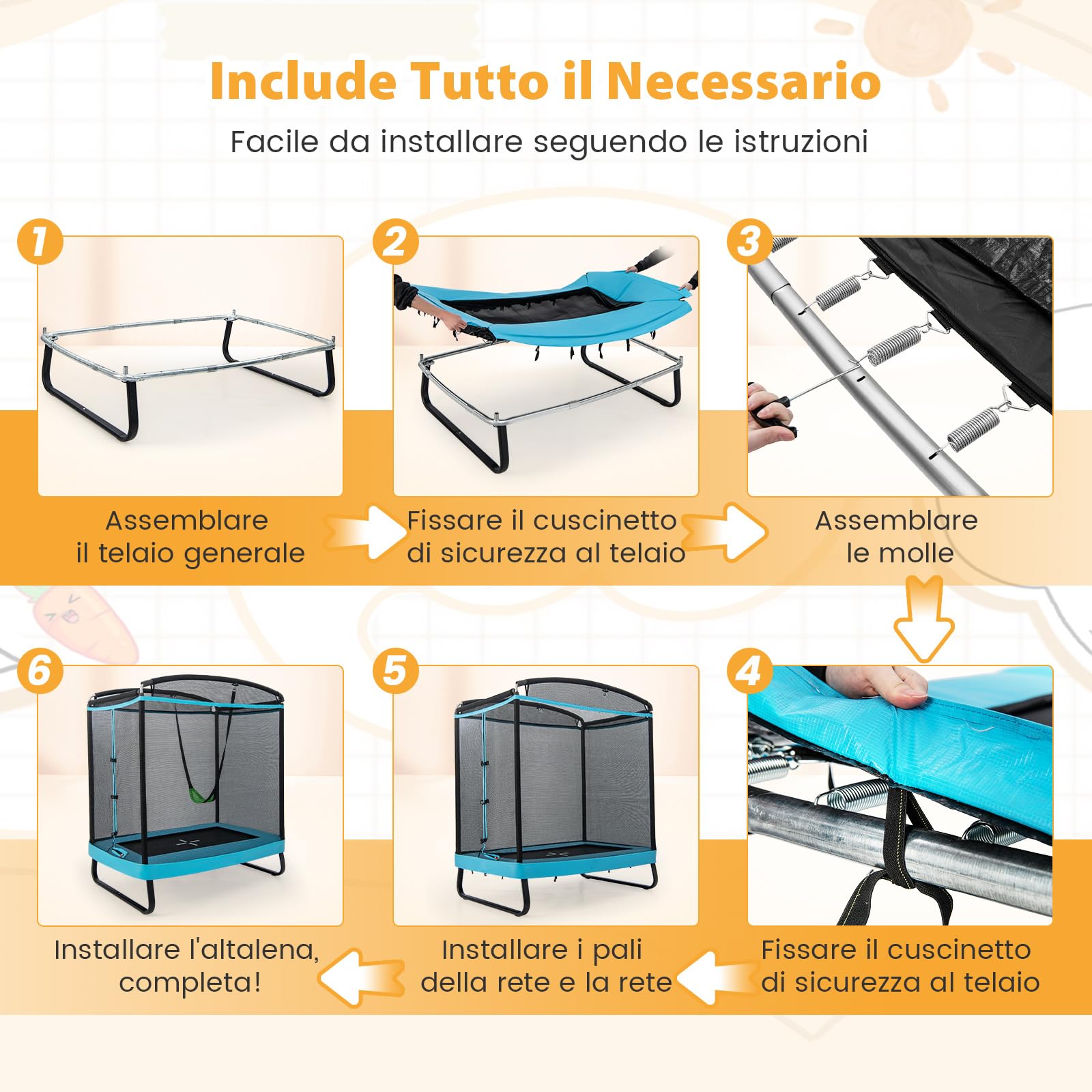 COSTWAY Tappeto Elastico per Bambini da Esterno ed Interno, Trampolino Rettangolare 190CM con Altalena e Rete di Sicurezza per Bambini più di 3 Anni, Portata 100kg