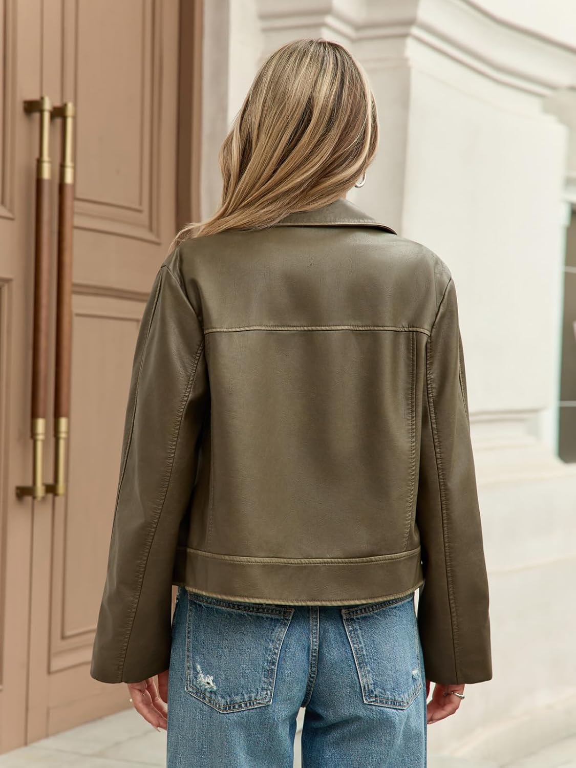 Yousify Womens Faux Leather Jacket Casual Zip Up Motorcycle Long Sleeve Collared Fall Cropped Coats with Pockets - Image 4