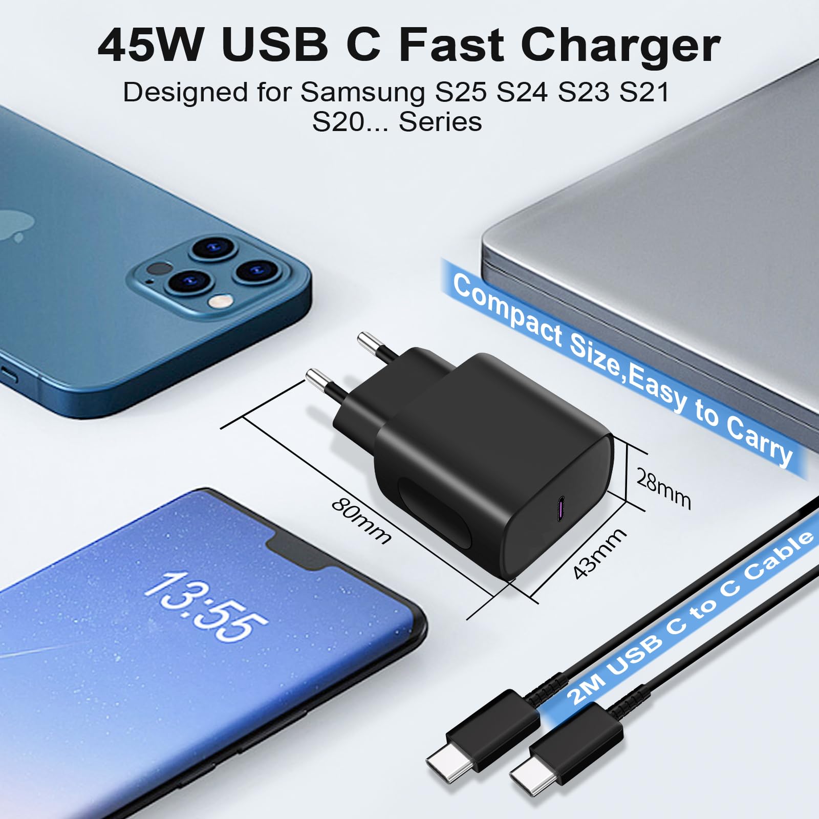 Vemfay 45W USB C Adapter con 2M cavo USB-C, Caricabatterie per Samsung S25/S24/S23/ S22 /S21 /S21 Ultra,S20 FE, A16/A15/A14/A56/A55/A34, Tipo C Alimentatore Spina Ricarica Adattatore