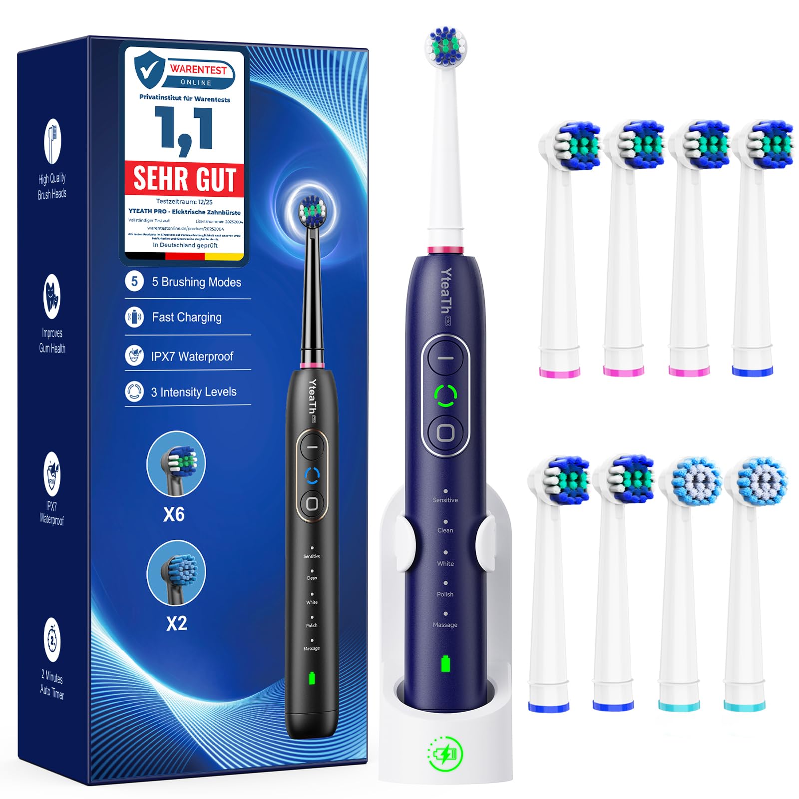 Cepillo de Dientes Eléctrico de Rotación para Blanqueador Dental - Cepillo Eléctrico Adultos 3 Intensidades, 5 Modos, 8 Cabezales, IPX7 Impermeable, Cepillo Dientes Electrico Viaje Recargable, Azul Global Recycled Standard Global Recycled Standard Global Recycled Standard