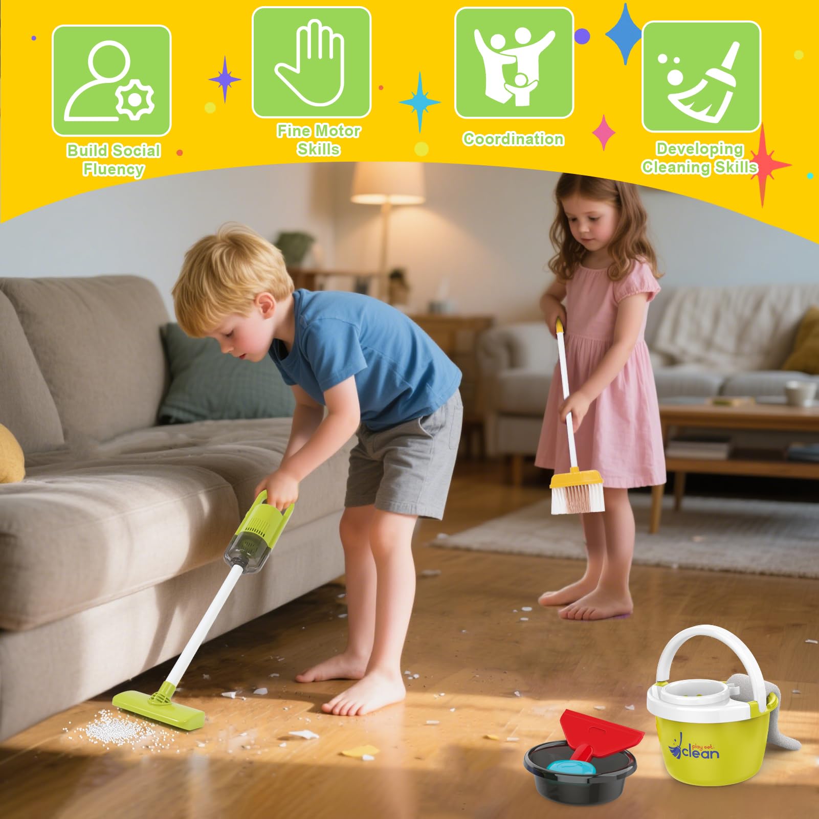 XIAPIA Toddler Cleaning Set, 14 Pcs Kids Cleaning Toy Set with Electric Toy 2 in 1 Vacuum That Really Works, Pretend Play Home Cleaning Playset, Broom and Dustpan Set, Birthday Gifts for Girls & Boys