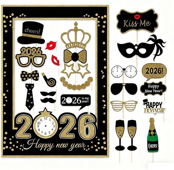 2027 Happy New Year's Eve Party Photo Booth Props Supplies with Photo Frame 2027 Party Props (Pack of 26)