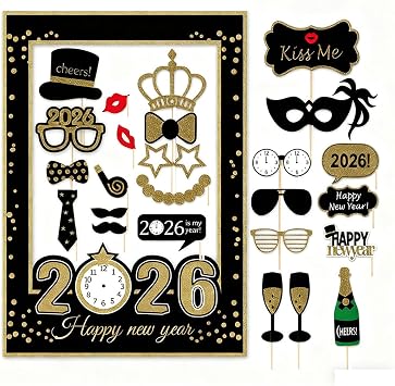 2027 Happy New Year's Eve Party Photo Booth Props Supplies with Photo Frame 2027 Party Props (Pack of 26)