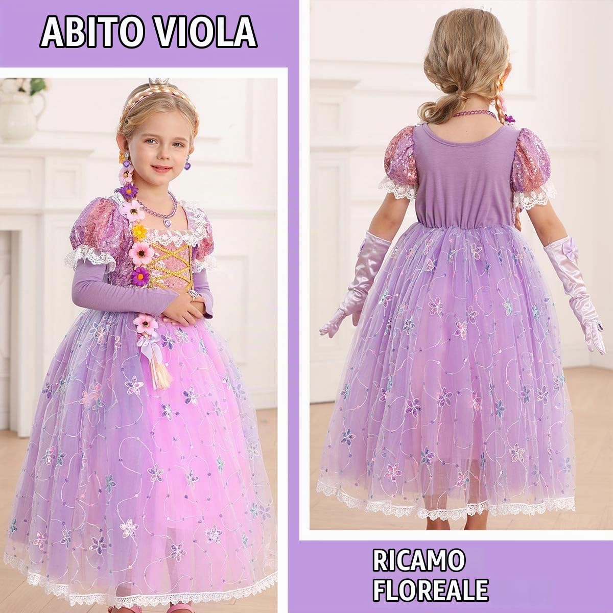 Vestito Principessa Paillettes Bambina Costume Tulle per Carnevale Natale Festa