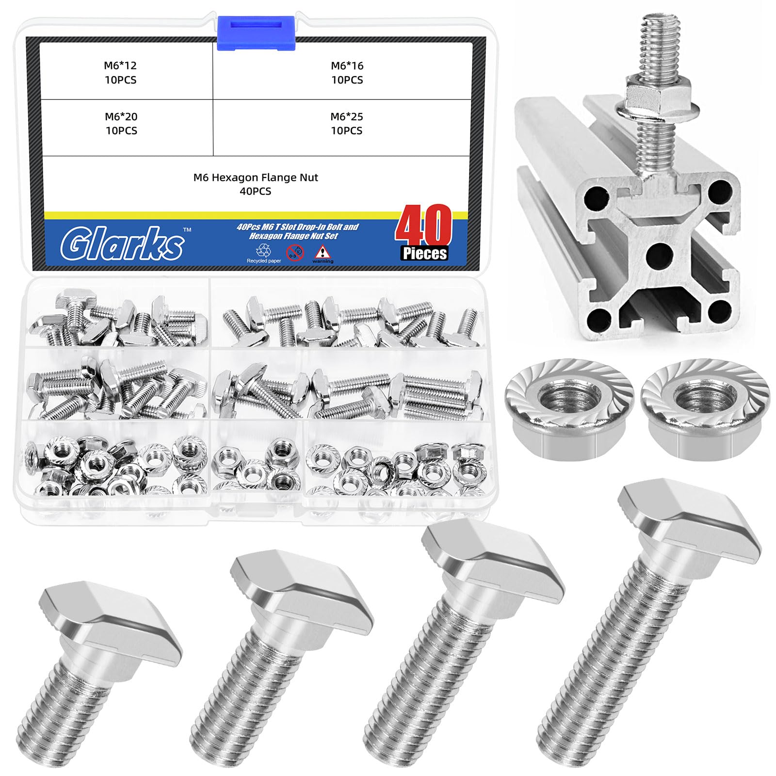 Glarks Lot de 80 boulons M6 en T avec écrou à bride hexagonale, 12/16/20/25 mm, boulon en T à tête de marteau, vis coulissantes en forme de T, goujon à vis en T pour profil en aluminium série 30
