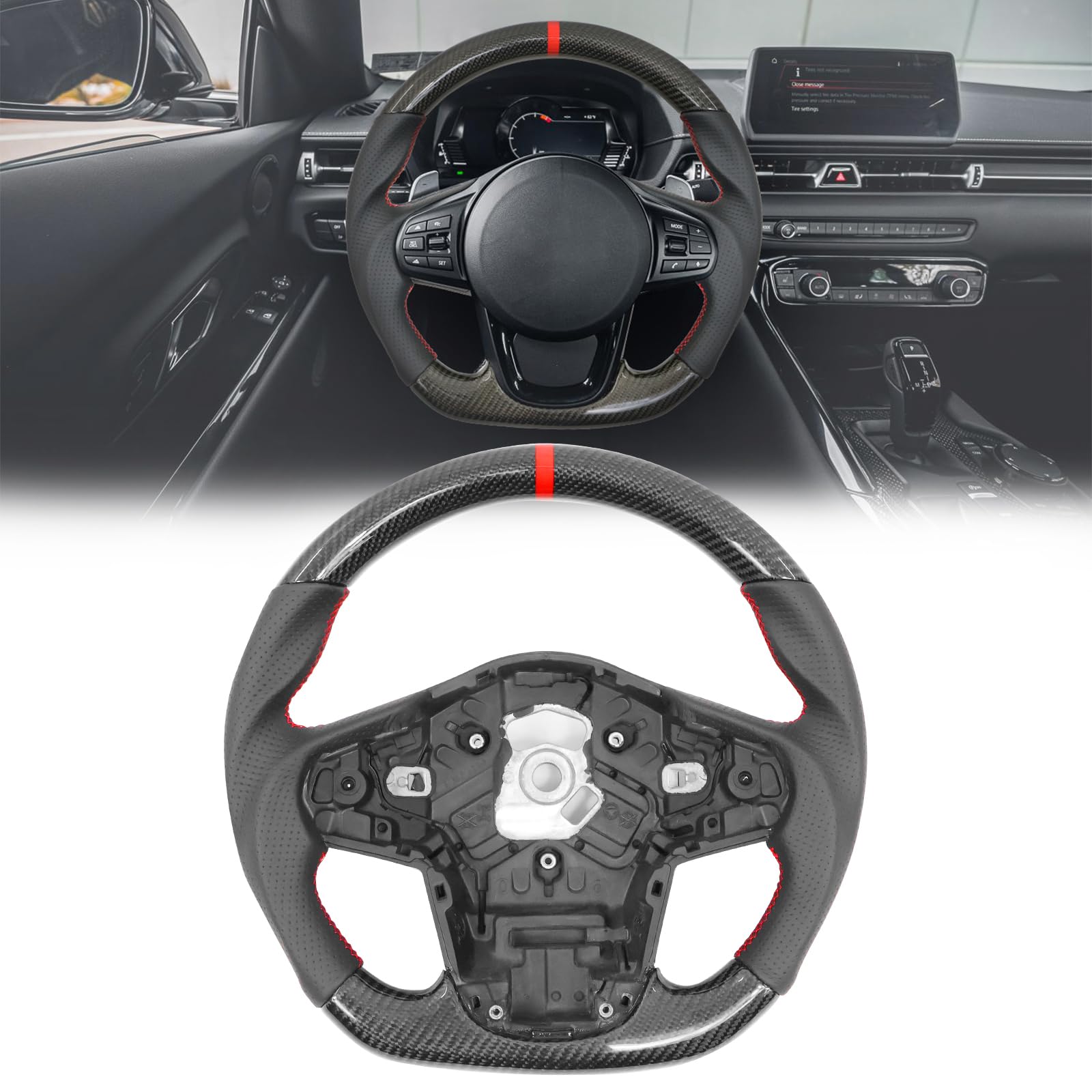 IKON MOTORSPORTS, Steering Wheel Compatible with 2020-2025 Toyota GR Supra A90 A91, Carbon Fiber & Perforated Leather Steering Wheel Brushed Kit with Red Stitch & Indicator, 2021 2022