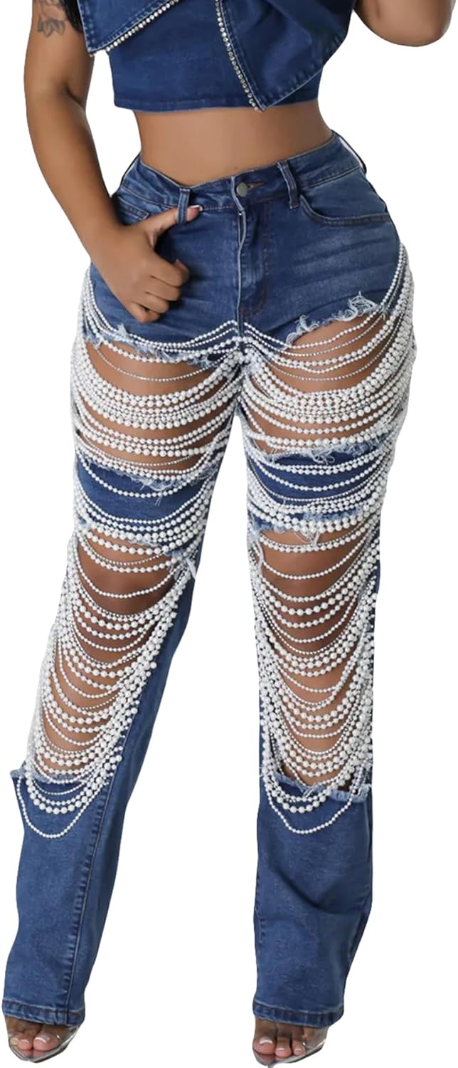 LETSVDO Women's Sexy Ripped Jeans High Waist Distressed Rhinestone Pearl Chains Stretch Denim Pants Clubwear