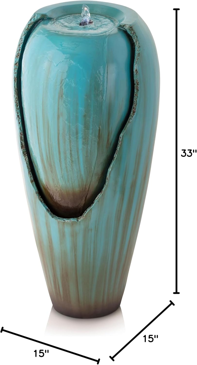 Alpine Corporation DIG100XS 33" Outdoor Floor Antique Jar Water Fountain Bundle with LED Lights and Vintage Light Waterfall, Red and Turquoise