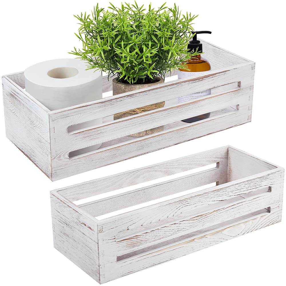 LotFancy Bathroom Decor Box, 2 Pack Wooden Toilet Paper Holder, White Toilet Storage Basket for Back of Toilet, Farmhouse Toilet Tank Topper