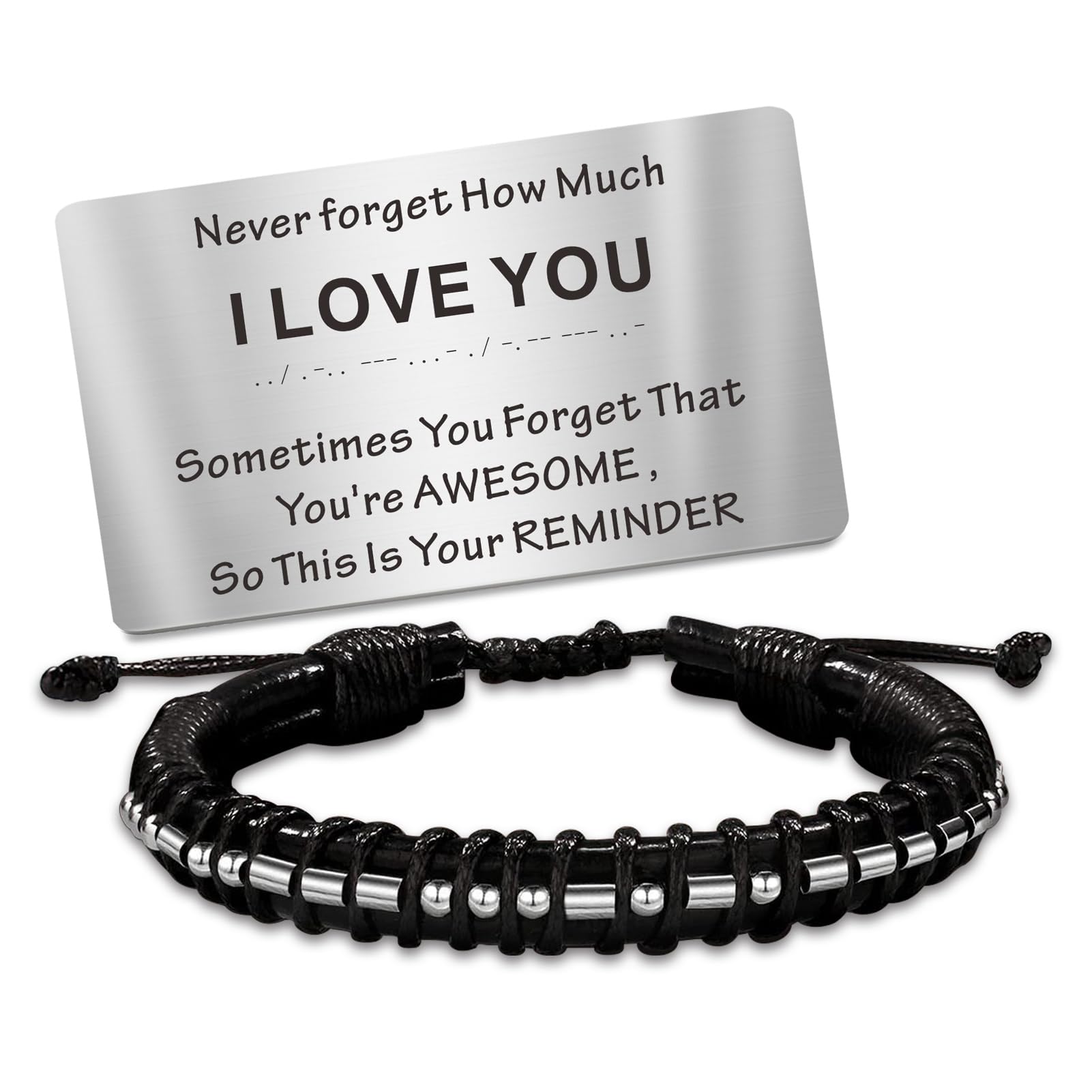 TOLOWOBK Inspirational Gifts for Men Morse Code Bracelets, Sobriety Gifts Black Leather Bracelet with Wallet Cards for Mens Unique Birthday Gifts Christmas Gifts for Men Him Dad Husband Cuff Bangles