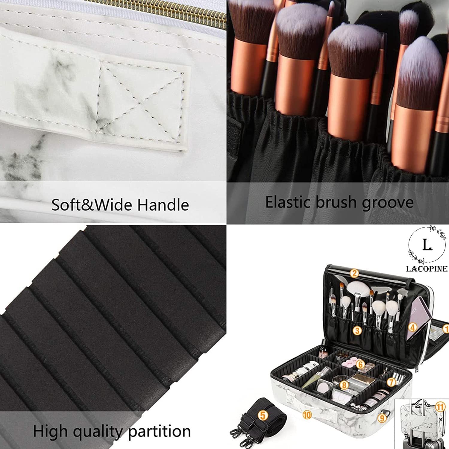 LACOPINE 28cms Large Nylon Makeup Organizer Bag Travel Train Case Portable Cosmetic Bag with Adjustable Dividers for Makeup Brushes (18 Inch (2 Layer)_Travel Makeup Case_White) 2