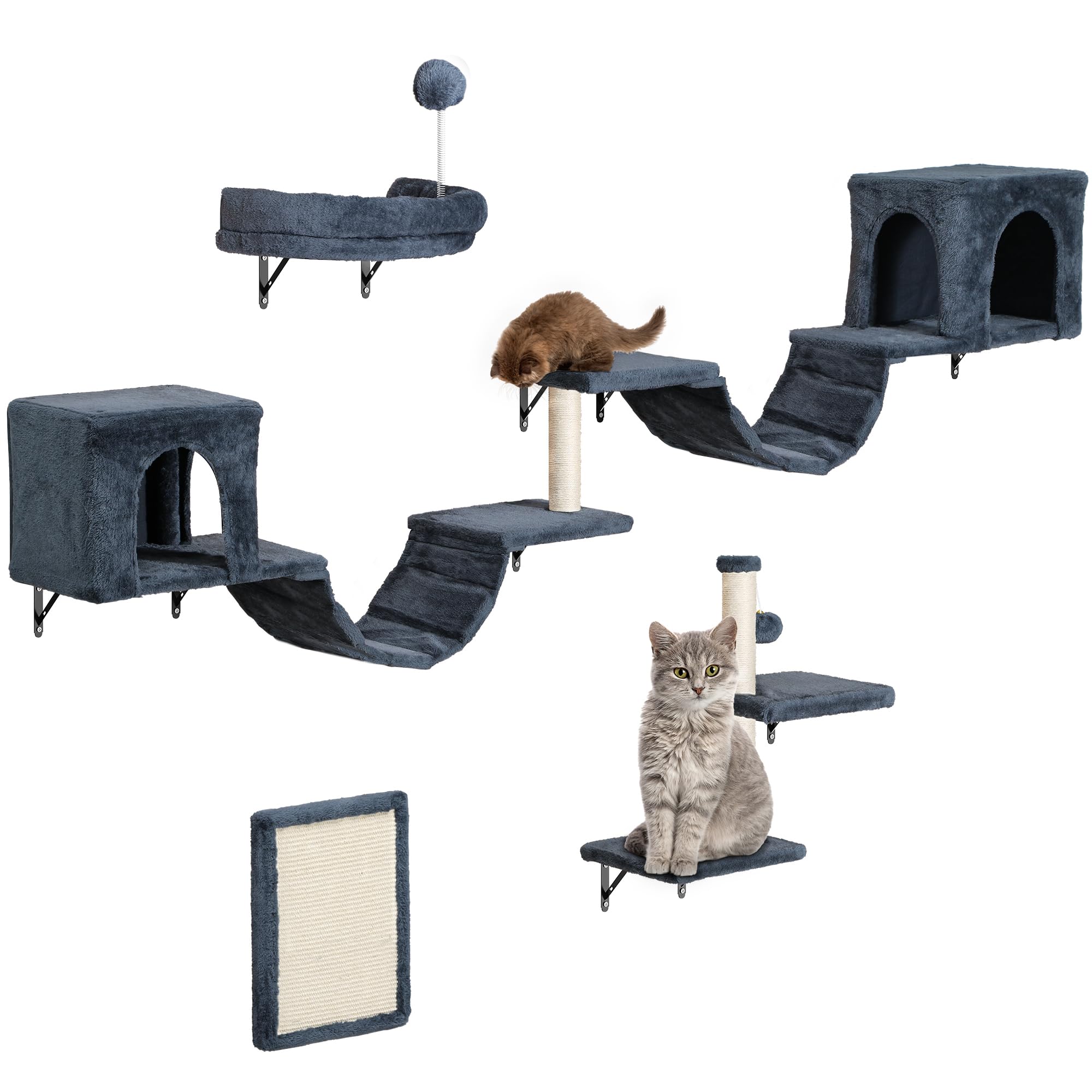 YITAHOME 8PCS Estante de Escalada para Gatos Montado en La Pared, Muebles de Pared de Madera para Gatos Árbol para Gatos con Postes Rascadores/Casa/Puente/Escaleras/Bola Colgante, Gris Oscuro