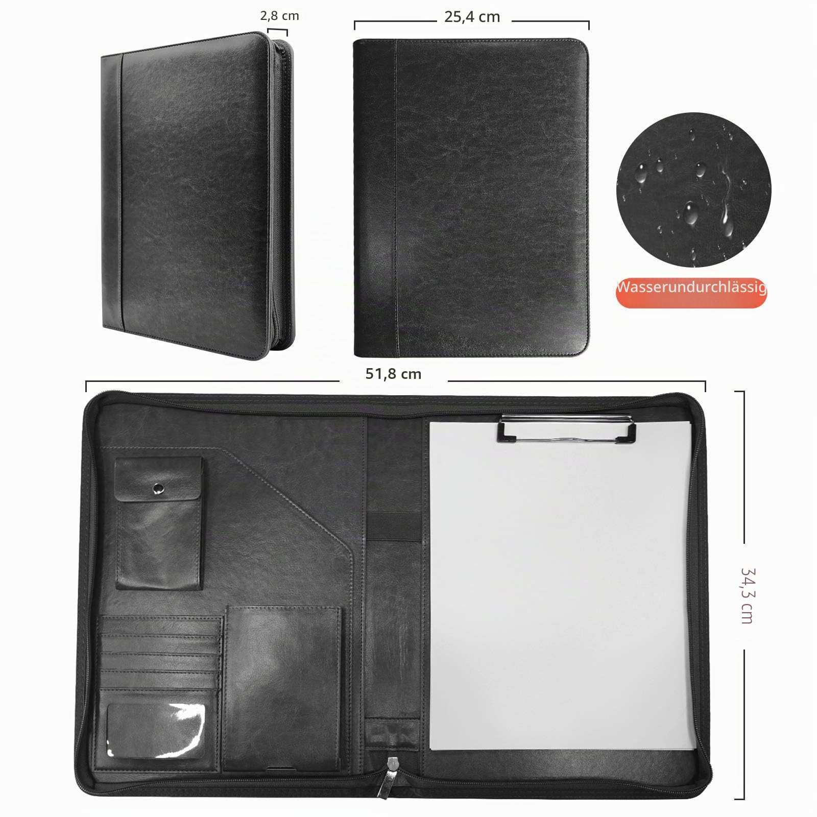 NEWYES NY-A403-BL-EU Konferenzmappe aus Leder, mit Reißverschluss, A4, Reisedokumentenmappe, Portfolio-Reisetasche, persönlicher Agenda-Organizer, 33,5 cm x 25 cm x 3,5 cm, Schwarz-Weiß