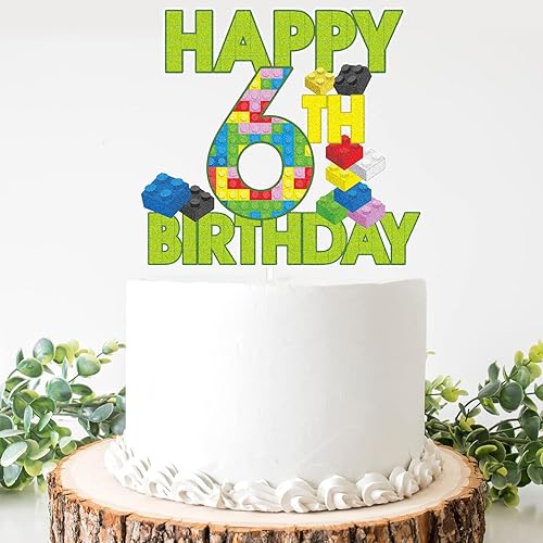 Miniatura 7 de Decoración de pastel de bloques de construcción de feliz 6 cumpleaños  Juegos de rompecabezas para niños 6 cumpleaños fiesta de cumpleaños verde