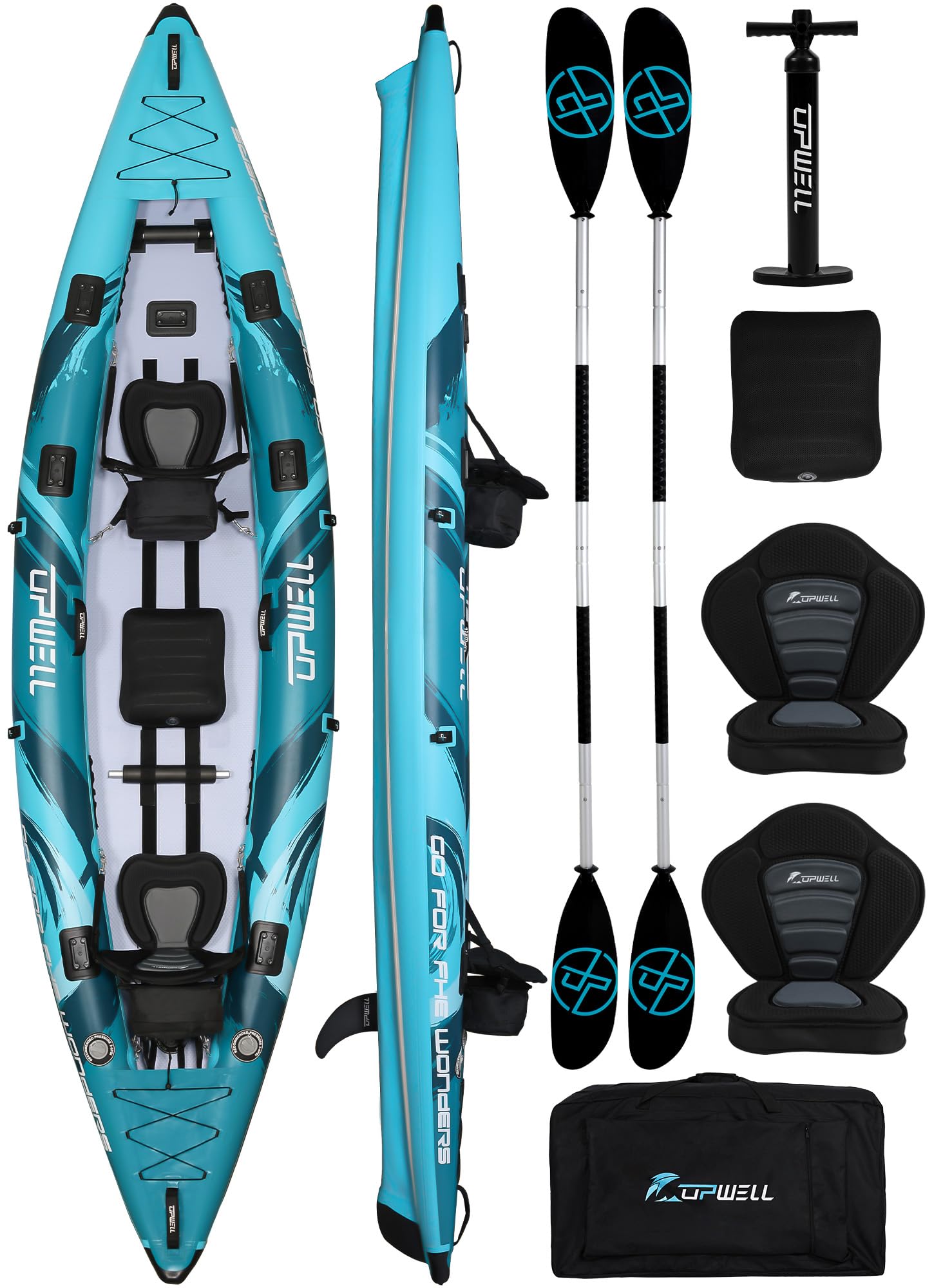 UPWELL 11'/14'6”Inflatable Kayak with Drop Stitch Floor and Accessories Including Kayak Seat with Thickened Cushion, Paddle, Fin, Repair Kits, Carry Bag and Hand Pump