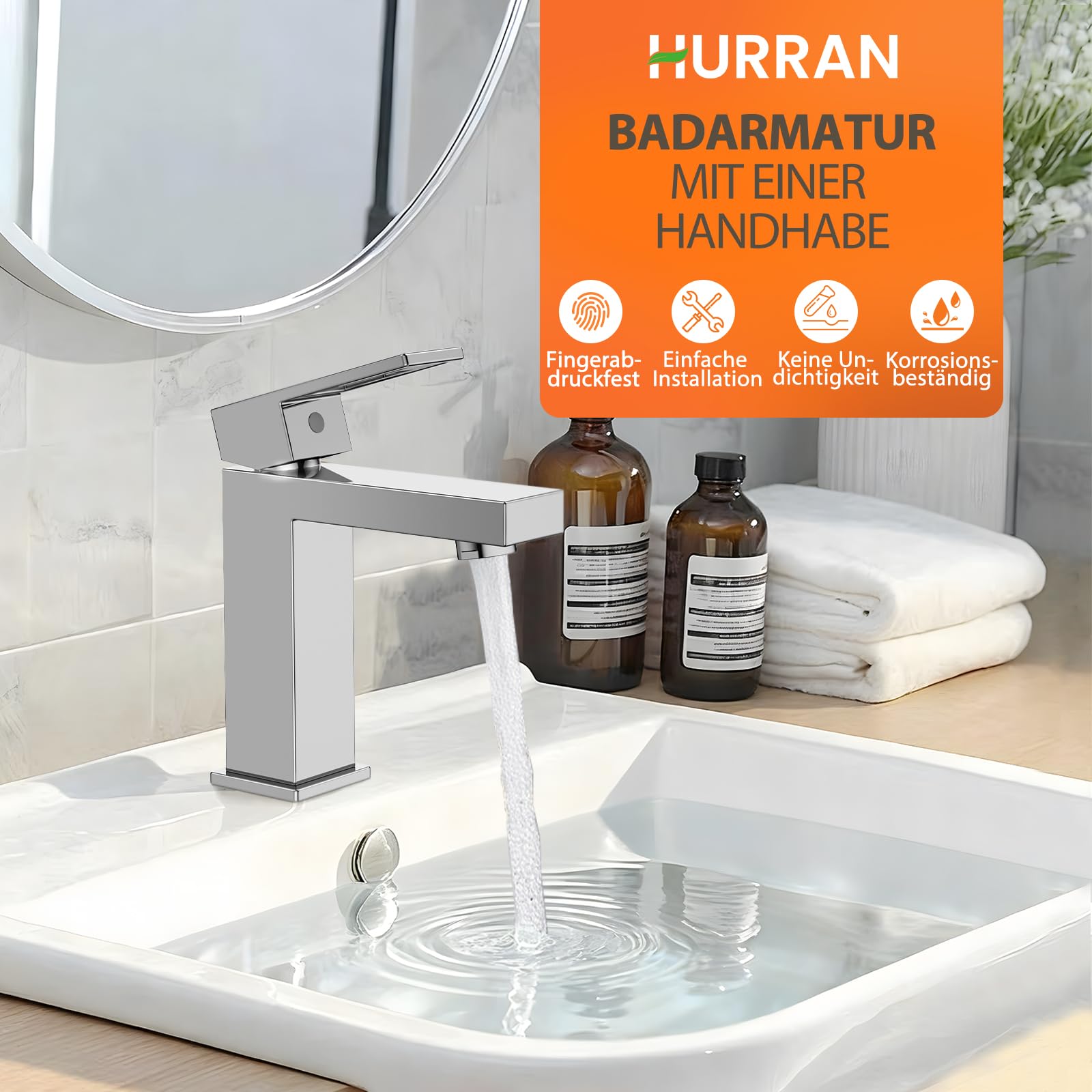 Grifo de baño monomando para lavabo, HURRAN grifo de baño cromado, grifo mezclador de agua caliente/fría, grifos de lavabo, fácil montaje para autocaravanas inodoros lavabos
