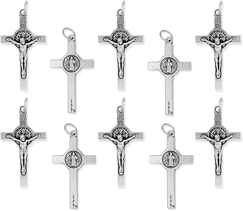 Caritas et Fides Paquete de 10 crucifijos de San Benito (crucifijo de 1.5 pulgadas, plata oxidada) – Suministros para hacer rosarios a granel,