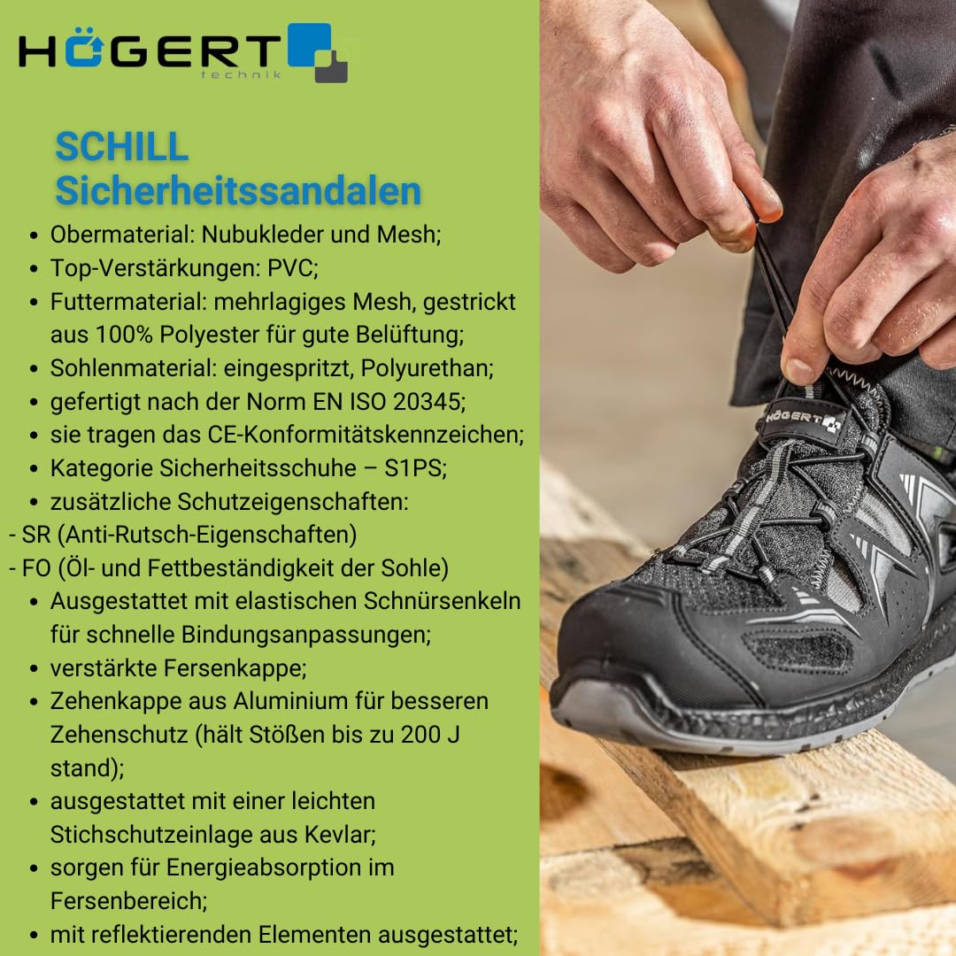 Högert Technik - SCHILL sandały ochronne S1PS SR FO czarne 43 | buty ochronne dla mężczyzn | sandały robocze buty ochronne letnie buty męskie |