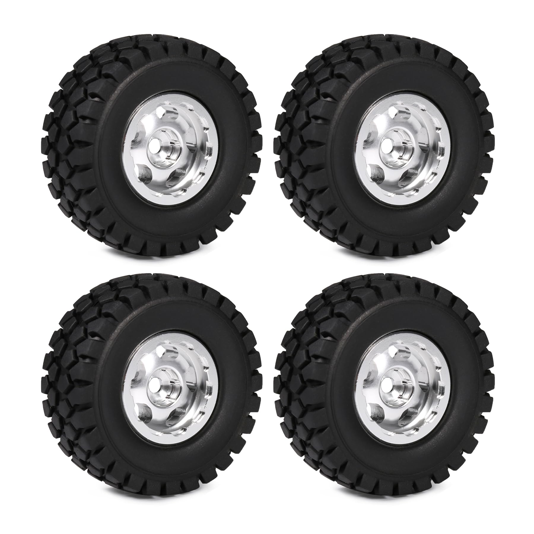 AMK SCX24 1.0 Beadlock Wheel and Tires, 25 * 50 * 20mm AT Tires, Aluminum Alloy 7mm Hex Hub 30 * 14.5mm Rim for 1/18 1/24 RC Crawler SCX24 AX24 FCX24 TRX4M Upgrades (Silver)