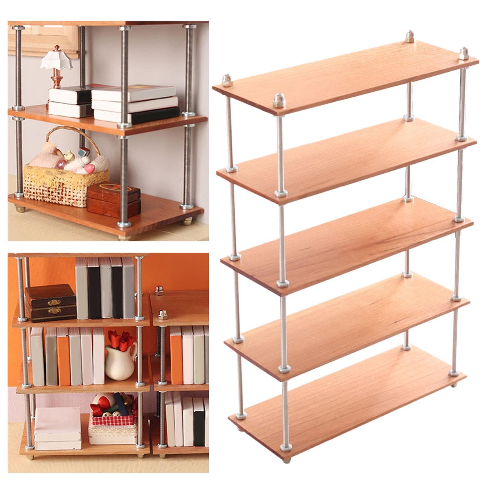 Miniatur Bücherregal/Zeitschriftenständer, Mehrlagiger Organizer Aus Robustem Stahl Und Holz, Geeignet für Puppenhauszubehör Und Als Geschenk, 5 Etagen lang