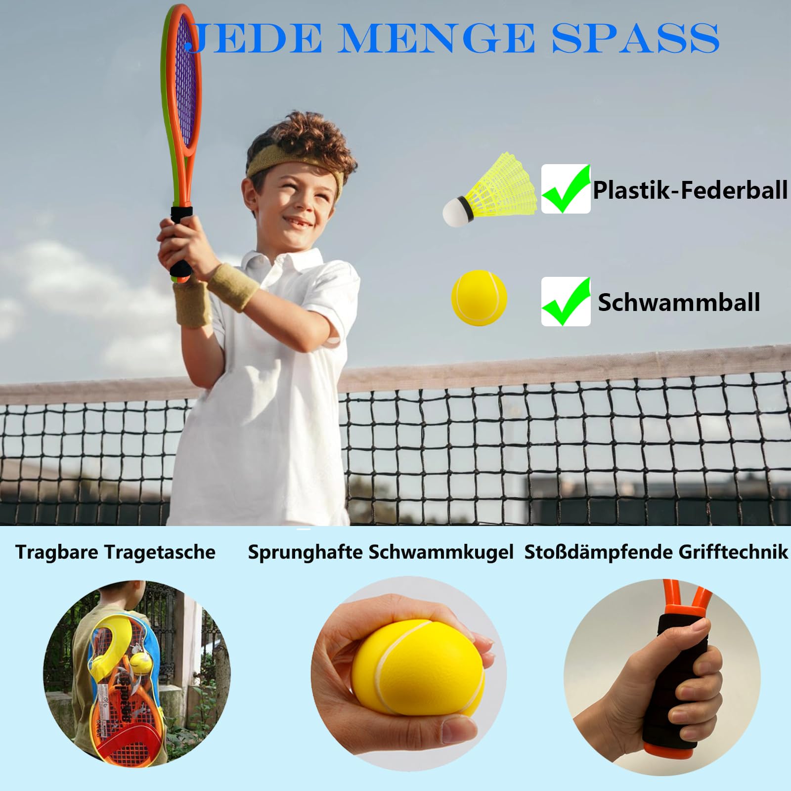 Kinder tennisschläger Set 17 Zoll,Mit 4 weichen Trainingsbällen & 6 Badminton-Federbällen – Geeignet für Kindersportarten im Innen- und Außenbereich