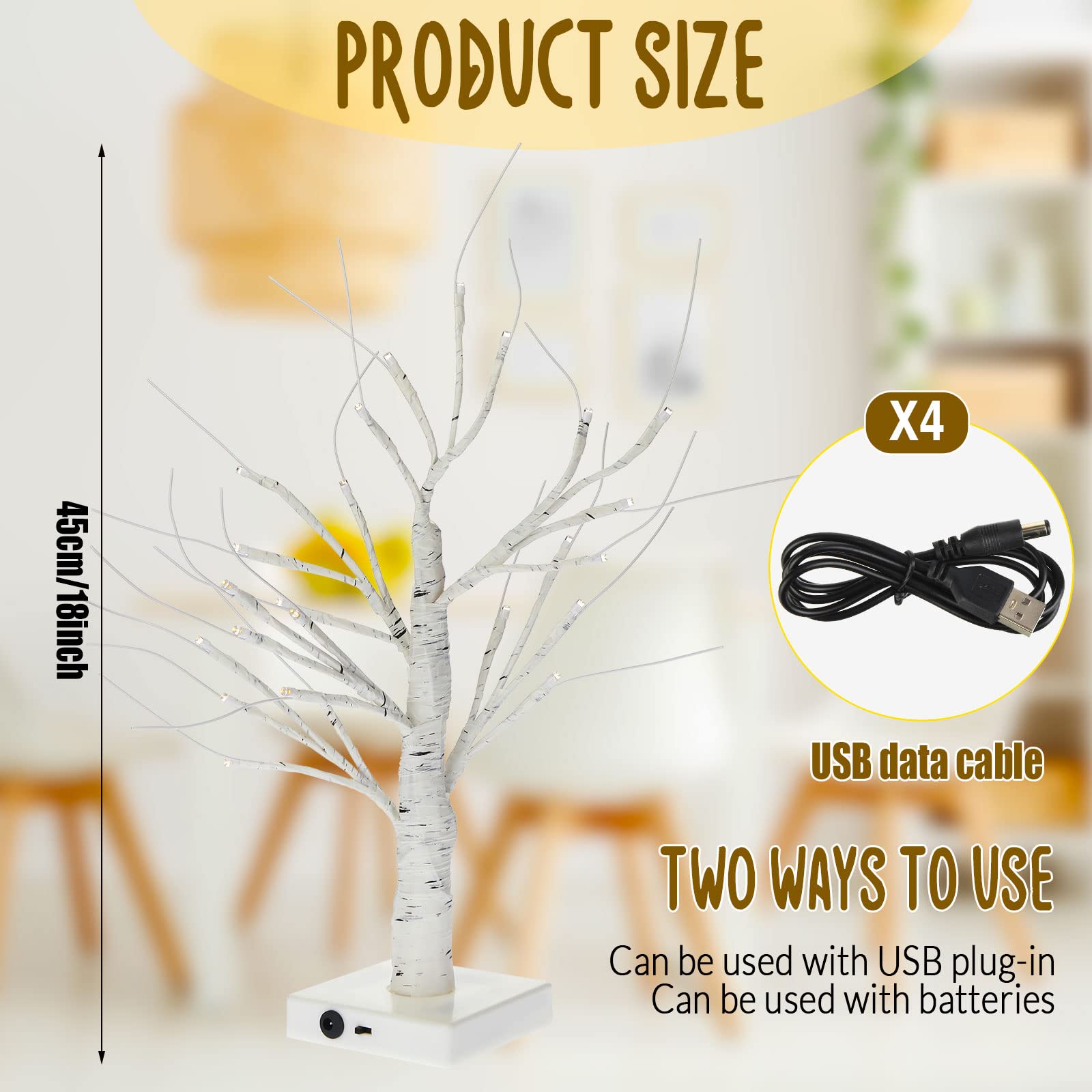 LED Lighted Birch Tree Light for Women Artificial Tabletop Light Up Birch Indoor Battery Powered or USB Twinkling Fairy White Branch for Birthday Wedding Decoration (4 Pcs, 18 Inch)