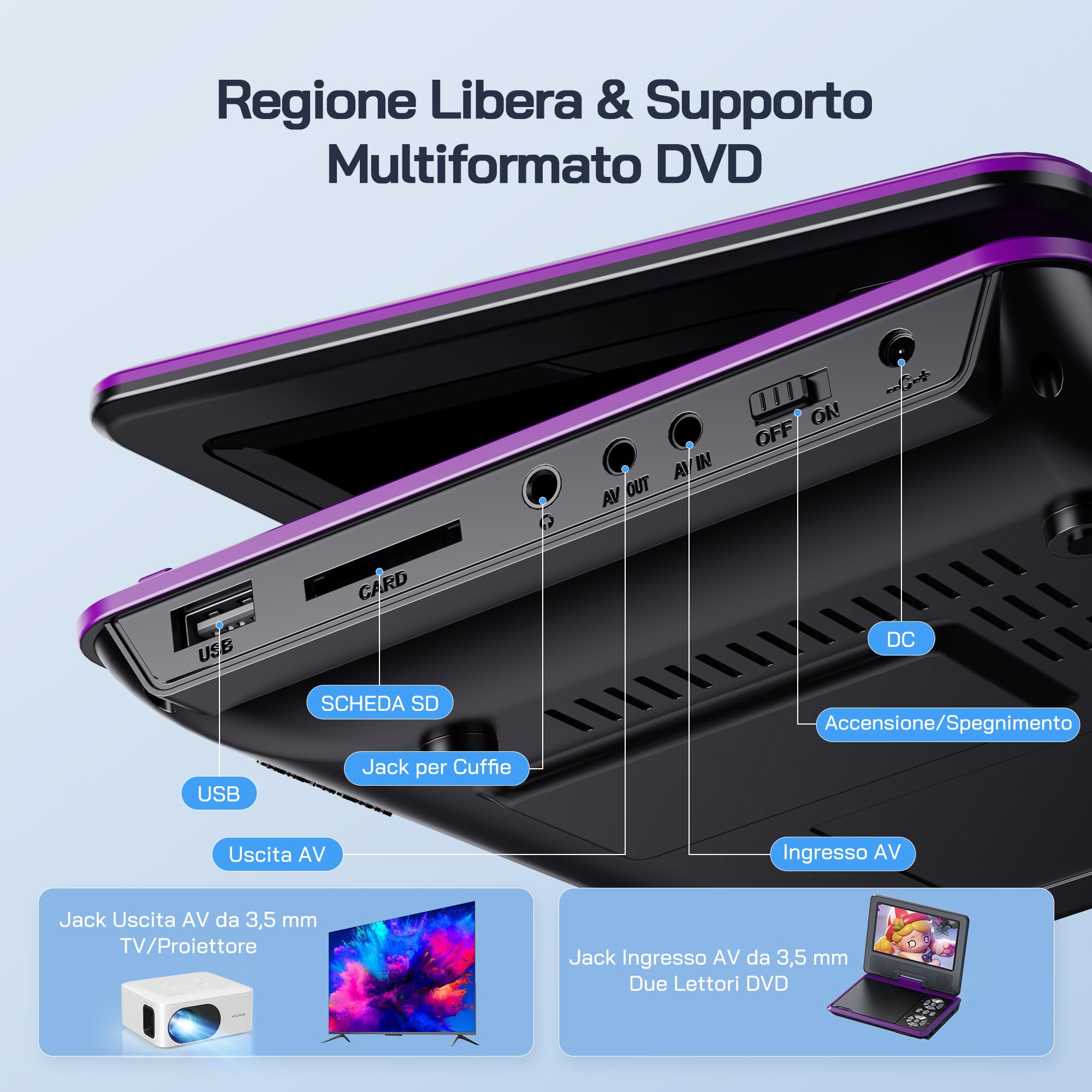 Wolfang - Lettore DVD portatile da 9,5 pollici per bambini e viaggi in auto con schermo HD girevole da 7,5 pollici, durata della batteria 4-6 ore, senza restrizioni regionali, altoparlante stereo