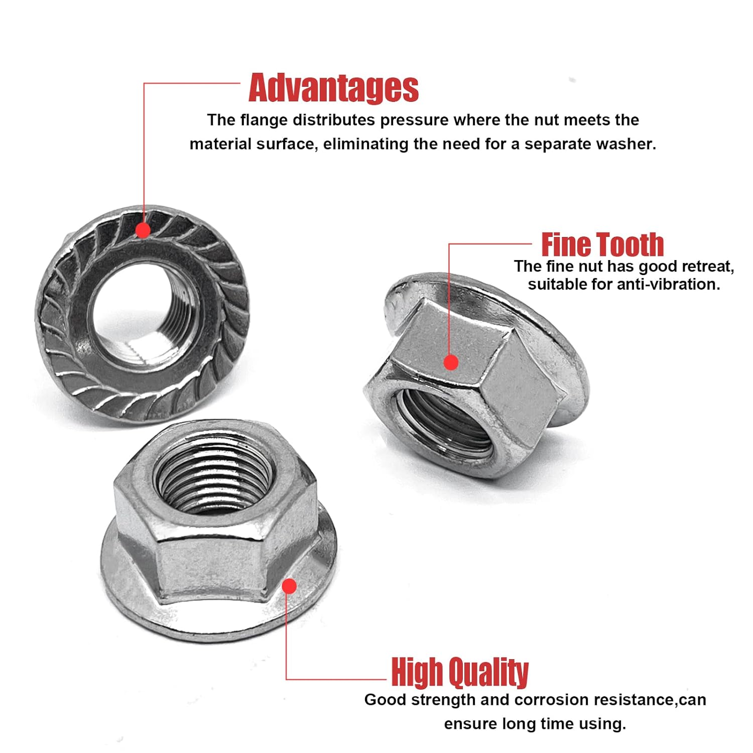 M12-1.25mm Thread Pitch 304 Stainless Steel Flange Nut Hex Lock Nuts,Fine Tooth(10pcs)