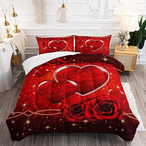 AILONEN Juego de ropa de cama con estampado de corazones y amor, juego de edredón de rosas rojas 3D para niñas y mujeres, juegos de edredón de disponible en Yaxa Colombia