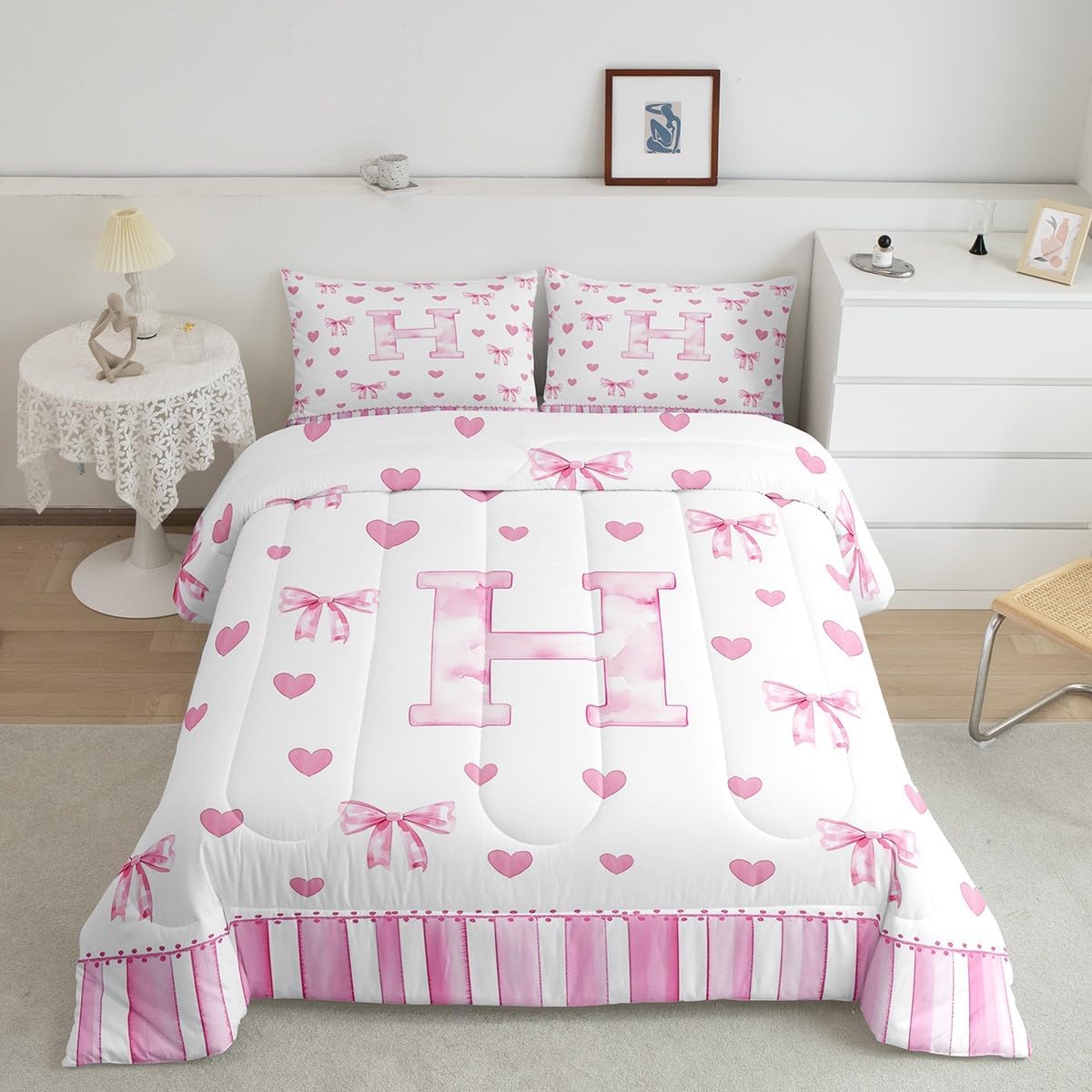 Castle Fairy Bowknot Comforter Set Toddler Size 2 Pcs,Kawaii Pink Bow Love Hearts Bedding Set,Girly Personalized Initial M Fashion Quilt Set for Child Bedroom,Duvet Insert,1 Pillowcase