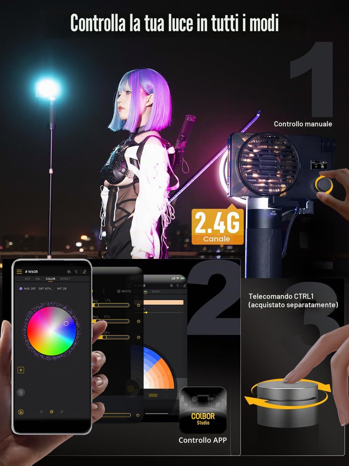COLBOR Wonder W60R 60W RGB Luce Video Portatile 345g Illuminazione Continua Controllo APP con DC/Tipo C per Interni ed Esterni Filming Interviste Live Streaming, Luce-Video-Fotografia-LED-RGB