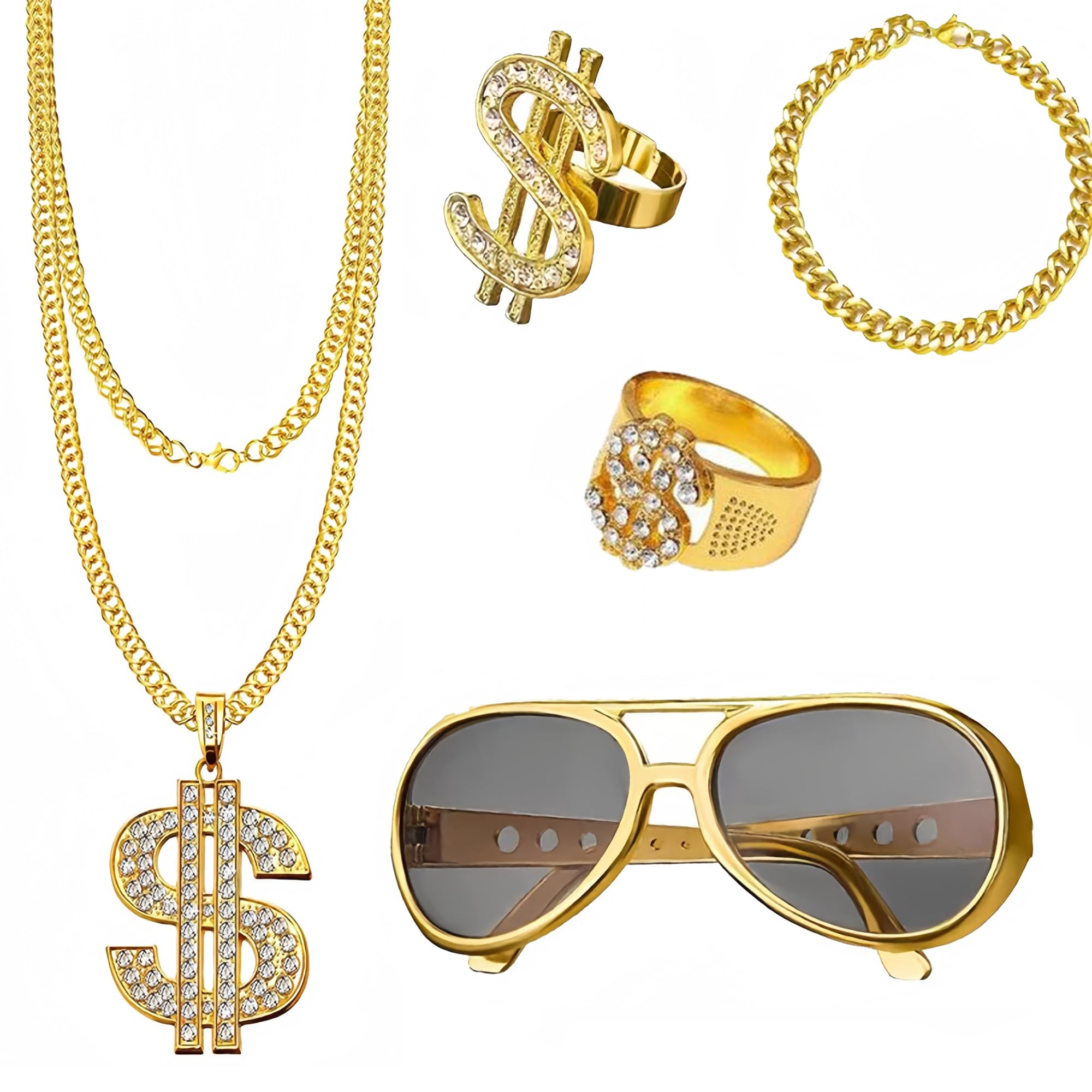 5 Pcs Hip Hop Costume Set,80s Fancy Dress Men and 90s Gold Chain Fancy Dress Accessories,Party Rings,Fake Gold Bracelet,Fake Dollar Sign Necklace for Men and Women,Rapper Masquerade Accessories