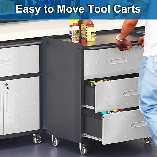 Miniatura 5 de Gabinete de almacenamiento de herramientas móvil de 3 cajones, caja de herramientas rodante resistente para organización de garaje, gabinetes de