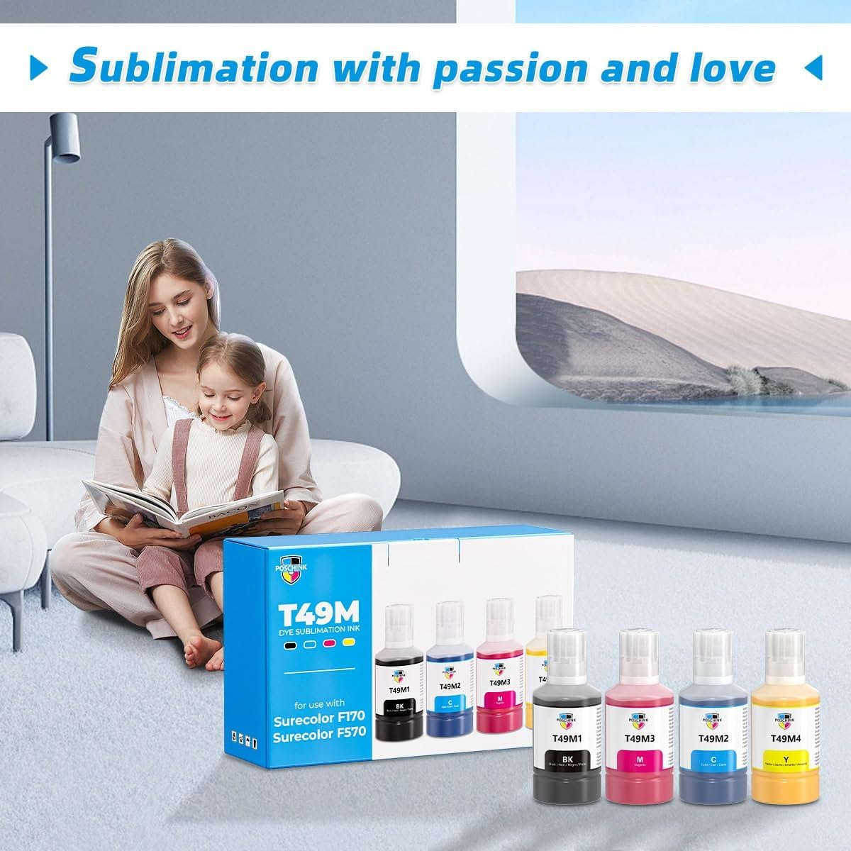 F570 Sublimation Ink, T49M Sublimation Ink Refill Bottles for EPSON SureColor SC F570 F170 Dye Sub Printers - Black, Cyan, Magenta, Yellow - 140ml/bottle