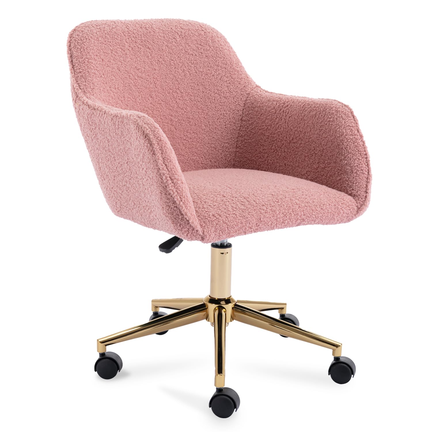 ERILEWE COLLECTION Teddy Fabric Home Office Chair, Cute Swivel Desk Chair with Wheels, Modern Rolling Adjustable Vanity Chair with Gold Base for Home