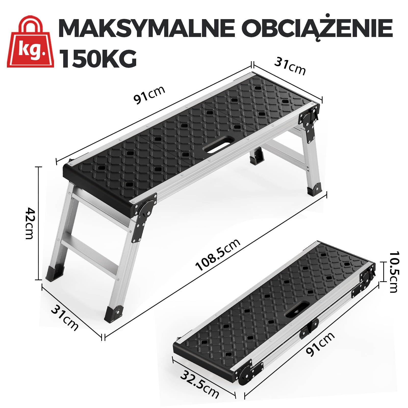 KINGRACK Składana platforma robocza, aluminiowa drabina schodkowa z antypoślizgowymi gumowymi nóżkami, lekka drabina schodkowa z zamkami bezpieczeństwa do domu i garażu – do 150 kg, czarna