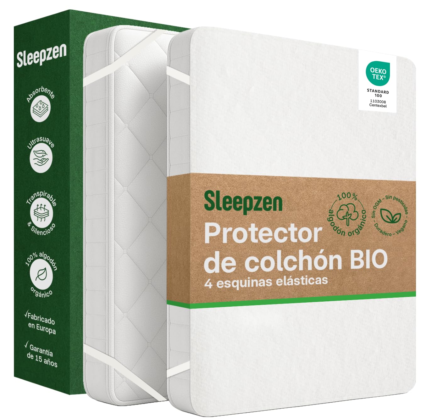 Sleepzen - Protector de Colchon 180x200 cm Algodón Orgánico Certificado Oeko-Tex®, Funda Colchon, Cubre Colchon, Muy Confortable, 100% Natural Sano y silencioso - No Impermeable - con Elásticos
