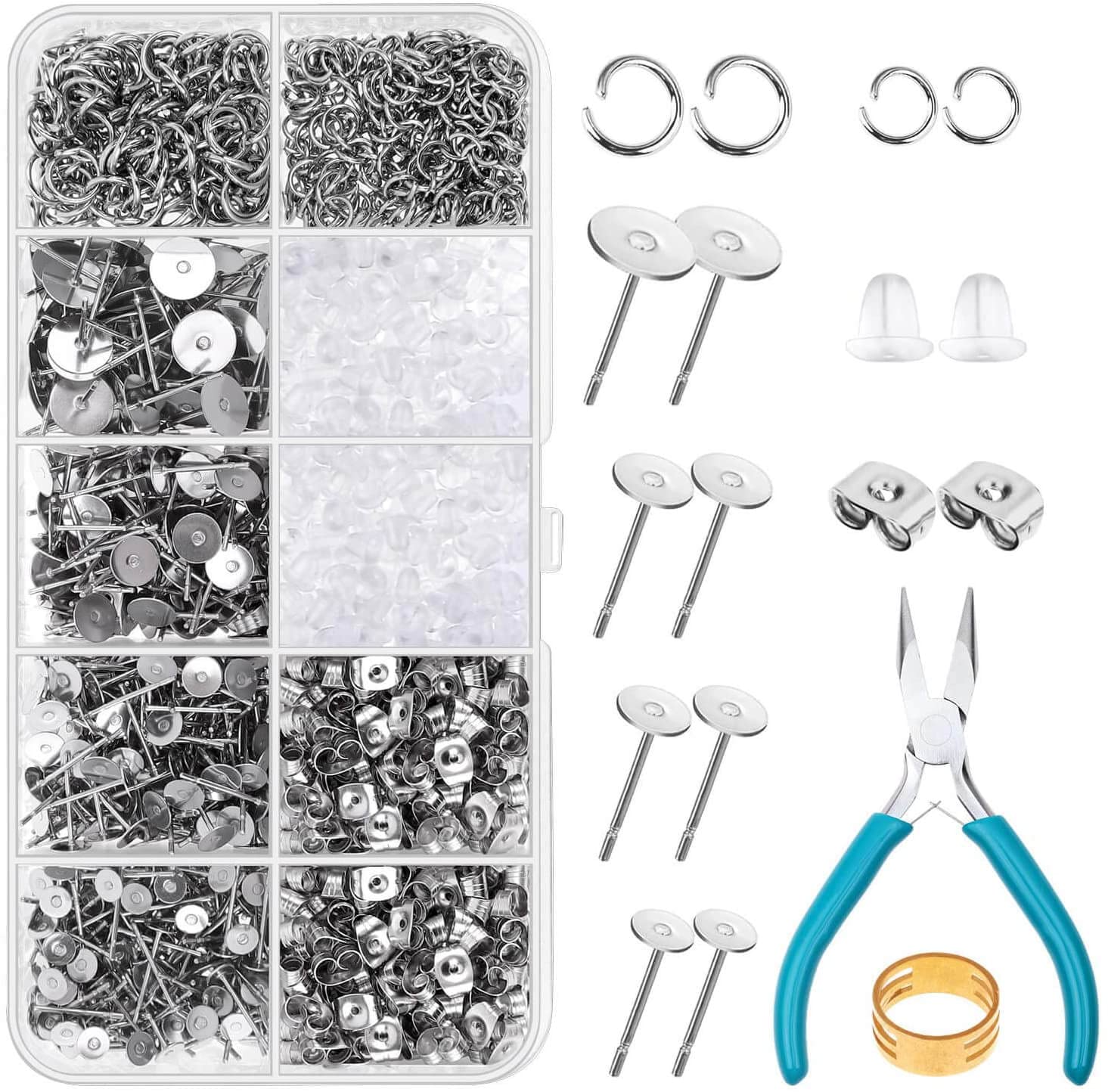 Earring Posts and Backs, Caffox 1800pcs Stainless Steel Stud Earring Kit with Earring Base Studs, Earring Backs for Clay, Pearls, Jewelry Making and Crafting